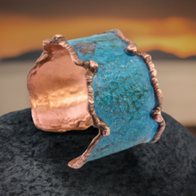 Load image into Gallery viewer, Solid Copper Statement Verdigris Cuff Bracelet With Molten Copper Edging