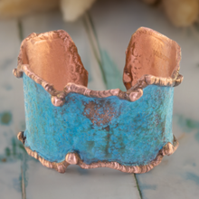 Load image into Gallery viewer, Solid Copper Statement Verdigris Cuff Bracelet With Molten Copper Edging