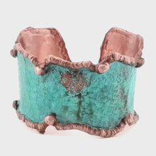Load and play video in Gallery viewer, Solid Copper Statement Verdigris Cuff Bracelet With Molten Copper Edging

