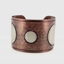 Load and play video in Gallery viewer, Luxury Solid Copper Statement Cuff Bracelet With Silver Circles
