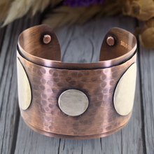 Load image into Gallery viewer, Luxury Solid Copper Statement Cuff Bracelet With Silver Circles
