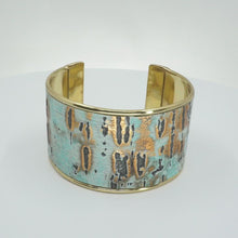 Load and play video in Gallery viewer, Leather Cuff Bracelet - Turquoise Driftwood, Gold Metallic
