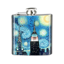 Load image into Gallery viewer, Altered Art Flask - NYC Starry Night - 6 oz - UrbanroseNYC
