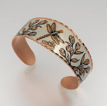 Load image into Gallery viewer, Copper Art Bracelet - Dragonfly wide cuff top view
