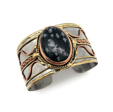 Load image into Gallery viewer, Mixed Metal Statement Cuff Bracelet - Snowflake Obsidian - UrbanroseNYC