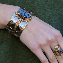 Load image into Gallery viewer, Mixed Metal Statement Cuff Bracelet - Snowflake Obsidian - UrbanroseNYC