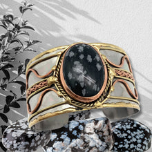 Load image into Gallery viewer, Mixed Metal Statement Cuff Bracelet - Snowflake Obsidian - UrbanroseNYC