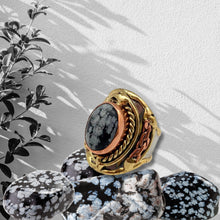 Load image into Gallery viewer, Mixed Metal Statement Cuff Ring - Snowflake Obsidian - UrbanroseNYC