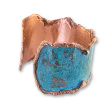 Load image into Gallery viewer, Solid Copper Statement Verdigris Cuff Bracelet With Molten Copper Edging