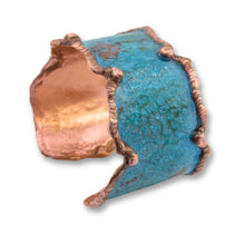 Load image into Gallery viewer, Solid Copper Statement Verdigris Cuff Bracelet With Molten Copper Edging