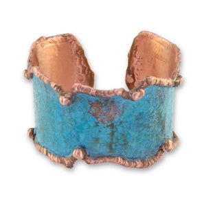 Solid Copper Statement Verdigris Cuff Bracelet With Molten Copper Edging