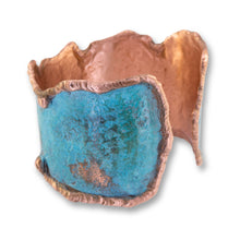 Load image into Gallery viewer, Solid Copper Statement Verdigris Cuff Bracelet With Molten Copper Edging