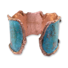 Load image into Gallery viewer, Solid Copper Statement Verdigris Cuff Bracelet With Molten Copper Edging