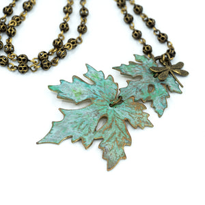 Patina Maple Leaf Necklace - Double Leaf - Patina Maple Leaf Necklace - Double Leaf - UrbanroseNYC