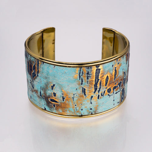 Leather Cuff Bracelet - Turquoise Driftwood, Gold Metallic - 1.5 inches - UrbanroseNYC