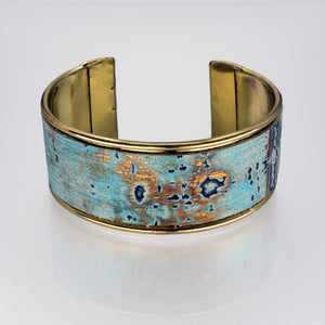 Leather Cuff Bracelet - Turquoise Driftwood, Gold Metallic - 1 inch - UrbanroseNYC