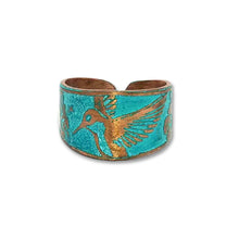 Load image into Gallery viewer, Verdigris Hummingbird Ring - Rustic Copper Band With Etched Hummingbird Motif
