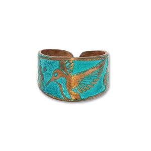 Verdigris Hummingbird Ring - Rustic Copper Band With Etched Hummingbird Motif