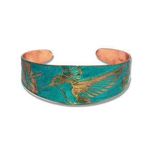 Verdigris Copper Cuff - Etched Hummingbird Bracelet With Rustic Patina Finish