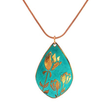 Load image into Gallery viewer, Etched Copper Tulip Pendant: Verdigris Patina, Floral Necklace - UrbanroseNYC
