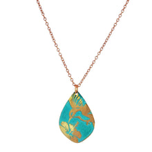 Load image into Gallery viewer, Etched Copper Hummingbird Pendant: Verdigris Patina, Floral Motif - UrbanroseNYC
