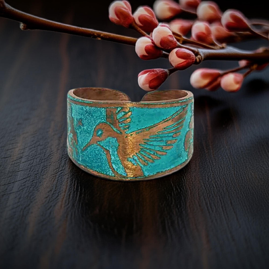 Verdigris Hummingbird Ring - Rustic Copper Band With Etched Hummingbird Motif