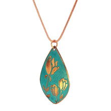 Load image into Gallery viewer, Etched Copper Tulip Pendant: Verdigris Patina, Floral Necklace - UrbanroseNYC
