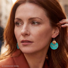 Load image into Gallery viewer, Flora &amp; Fauna Copper Earrings, Dragonfly Split Circle Verdigris Patina Dangle Style - UrbanroseNYC
