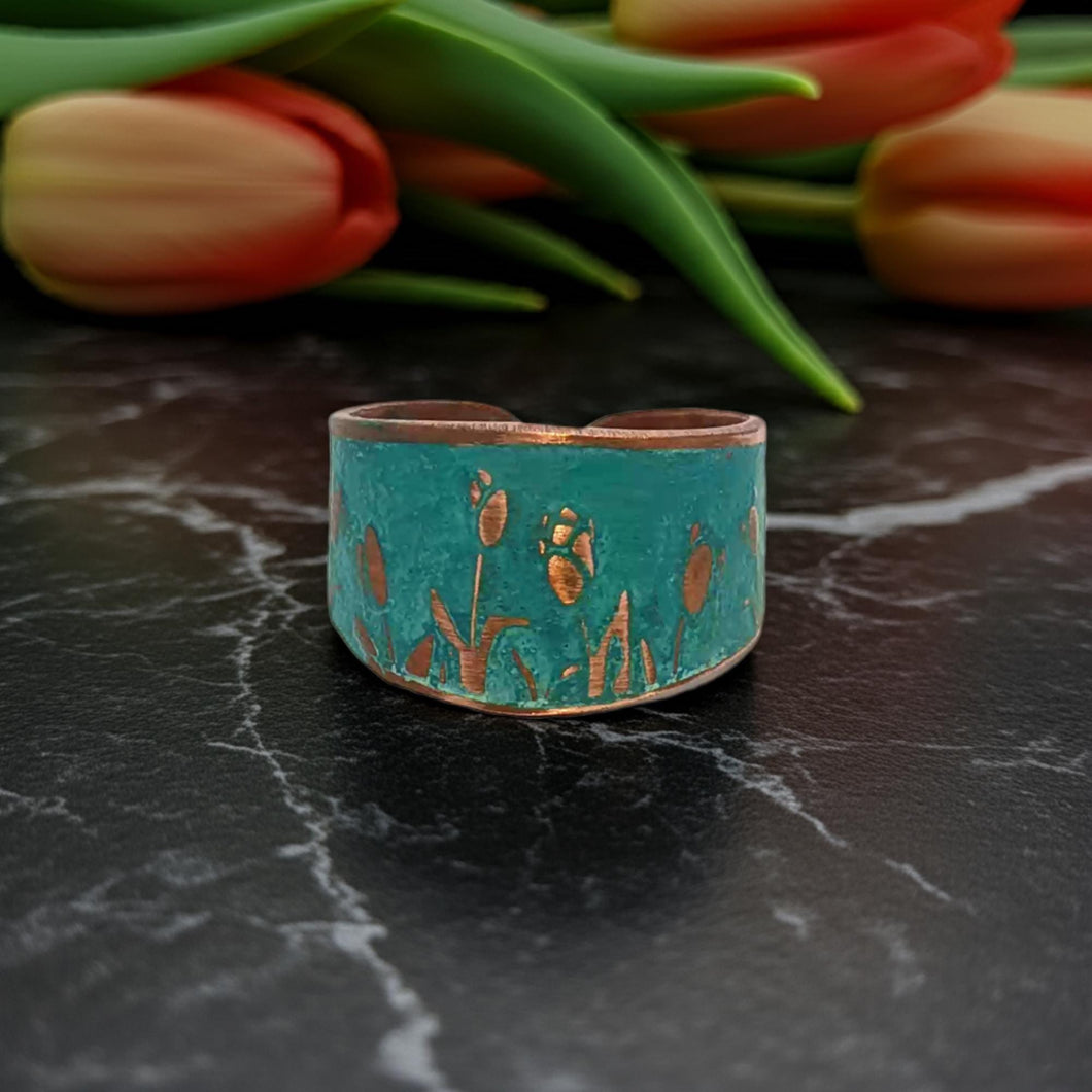 Verdigris Tulip Ring - Rustic Copper Band With Etched Tulip Motif