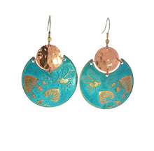 Load image into Gallery viewer, Flora &amp; Fauna Copper Earrings, Bumblebee Split Circle Verdigris Patina Dangle Style - UrbanroseNYC
