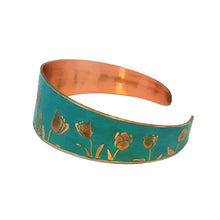 Load image into Gallery viewer, Verdigris Copper Cuff - Etched Tulip Bracelet With Rustic Patina Finish
