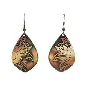 Copper Sunflower Earrings - Handmade Copper Teardrop Earrings With Rustic Copper Finish