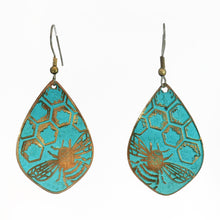 Load image into Gallery viewer, Etched Bumblebee Copper Earrings: Rustic Verdigris Patina Teardrops (Flora &amp; Fauna Collection) - UrbanroseNYC
