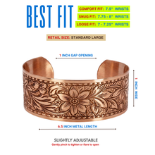 Load image into Gallery viewer, a copper bracelet with a floral design.
