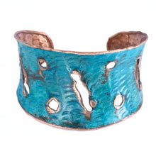 Load image into Gallery viewer, Solid Copper Verdigris Patina Cuff Bracelet With Molten Copper Edging
