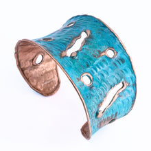 Load image into Gallery viewer, Solid Copper Verdigris Patina Cuff Bracelet With Molten Copper Edging
