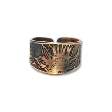 Load image into Gallery viewer, Etched Sunflower Ring - Rustic Copper Band with Sunflower Motif, Antique Finish
