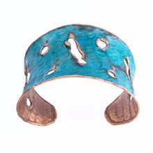 Load image into Gallery viewer, Solid Copper Verdigris Patina Cuff Bracelet With Molten Copper Edging
