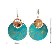 Load image into Gallery viewer, Flora &amp; Fauna Copper Earrings, Butterfly Split Circle Verdigris Patina Dangle Style - UrbanroseNYC
