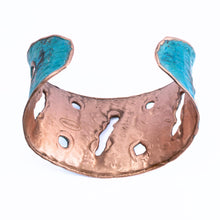 Load image into Gallery viewer, Solid Copper Verdigris Patina Cuff Bracelet With Molten Copper Edging
