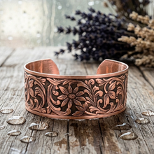 Load image into Gallery viewer, Solid Copper Cuff - Embossed Floral - UrbanroseNYC
