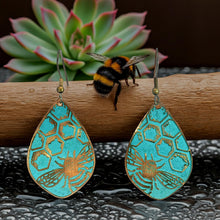 Load image into Gallery viewer, Etched Bumblebee Copper Earrings: Rustic Verdigris Patina Teardrops (Flora &amp; Fauna Collection) - UrbanroseNYC
