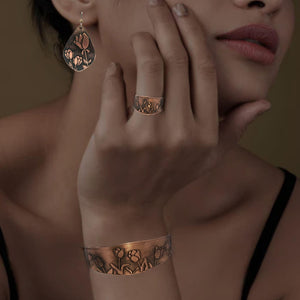 Copper Cuff Bracelet - Handmade Etched Tulip Cuff With Antique Copper Finish