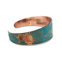 Load image into Gallery viewer, Verdigris Copper Cuff - Etched Sunflower Bracelet With Rustic Patina Finish

