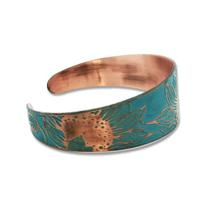 Verdigris Copper Cuff - Etched Sunflower Bracelet With Rustic Patina Finish