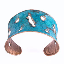 Load image into Gallery viewer, Solid Copper Verdigris Patina Cuff Bracelet With Molten Copper Edging

