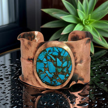 Load image into Gallery viewer, Solid Copper Cuff Bracelet: Rustic Antique Copper Finish, Copper Turquoise Stone - UrbanroseNYC
