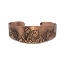 Load image into Gallery viewer, Copper Cuff Bracelet - Handmade Etched Tulip Cuff With Antique Copper Finish
