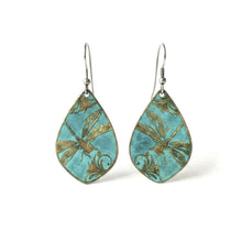 Load image into Gallery viewer, A pair of turquoise earrings with a dragonfly design on them.

