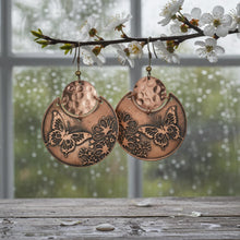 Load image into Gallery viewer, Flora &amp; Fauna Copper Earrings, Butterfly Split Circle Antique Copper Dangle Style - UrbanroseNYC

